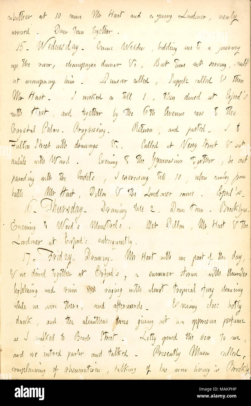 Parla di una visita al Palazzo di Cristallo con Henry Hart. Trascrizione: dove a 10 è venuto il signor [Henry] Hart e un giovane londinese [Yatman], appena arrivati. Down Town insieme. 15. Mercoledì. È venuto [Charles] Welden, gare di me per un viaggio lungo il fiume, champagne dinner &c. Ma il tempo non servono, potrebbe ?nt che lo accompagnano. Dunsier chiamato, Supple denominata & quindi Signor Hart. Ho lavorato su fino a 1, poi abbiamo cenato al Erford ?s con Hart, e insieme dal 6° Avenue vetture al Crystal Palace. Progredendo. Ritorno e parted. I Fulton Street con disegni &c. Chiamato a Vesey Street & sat un po' di tempo con [Alfred] Wau Foto Stock