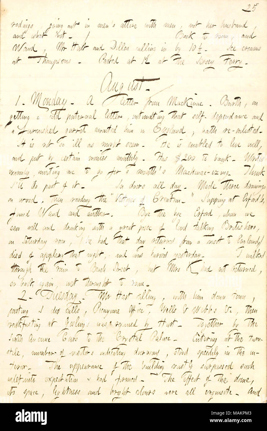 Menziona la morte improvvisa del proprietario del ristorante, Erford, e descrive una visita al Palazzo di Cristallo a New York con Henry Hart. [Masque]radings, uscendo in uomini ?s costumi con gli uomini, e non di suo marito, e cosa non. / Torna a camera, e [Alfred] Waud, signor [Henry] Hart e Dillon [Mapother] chiamando in da 10 1/2. Gelati in Thompsons. Parted a 12 presso il Jersey traghetto. Agosto. / 1. Lunedì. Una lettera di Mackinac. [William] Barth, su come ottenere una fredda lettera paterna, intimating che auto-dependance e un soppalco arredato lo attende in Inghilterra; ha ri-arruolato. Non è così male come potrebbe sembrare. Egli è Foto Stock