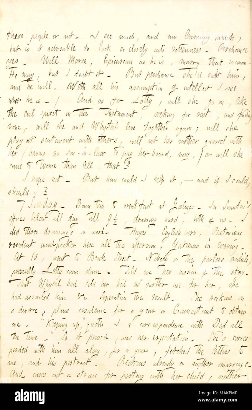 Per quanto riguarda Lotty Kidder la versione di come il suo matrimonio con John Whytal terminata. Queste persone o non. Vedo molto, e sto imparando molto, ma è opportuno esaminare in modo strettamente in un tarlo. Casualmente sì. [Mosè] Morse, Epicurei come egli è di sposare la donna che è [Rebecca Kidder]. Egli può, ma ne dubito. Ma casualmente lei ?ll adatto a lui ed egli si. Con tutta la sua assunzione di intelletto vorrei vedere chi è. / E come per Lotty [Kidder], potrà andare su come lo spirito maligno nel testamento, in cerca di riposo e trovando nessuno, sarà lei e [Giovanni] Whytal vivere di nuovo insieme; potrà svolgere il sentimento con Foto Stock