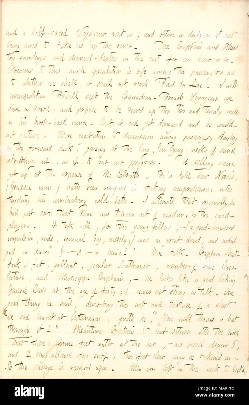 Descrive un ritardo mentre l'equipaggio del Sam Ward determina se possono passare sopra un banco di sabbia. Trascrizione: e un meticcio Voyageur ci visita e ritirarsi in dudgeon a non essere assunto per portarci fino al fiume [San Louis River]. Il capitano e altri a cercare punti di scandaglio e di canale in profondità la barca per un'ora o così. Precedente a questo molto di speculazione è diffusa tra i passeggeri se si deve o non deve raggiungere Fond du Lac. Io con Frisell cosmopolita cercano il Canadian-French Voyageur abbiamo a bordo e di proporre per essere remato fino a due e venti miglia nella sua birch di corteccia di canoa. Ma Foto Stock