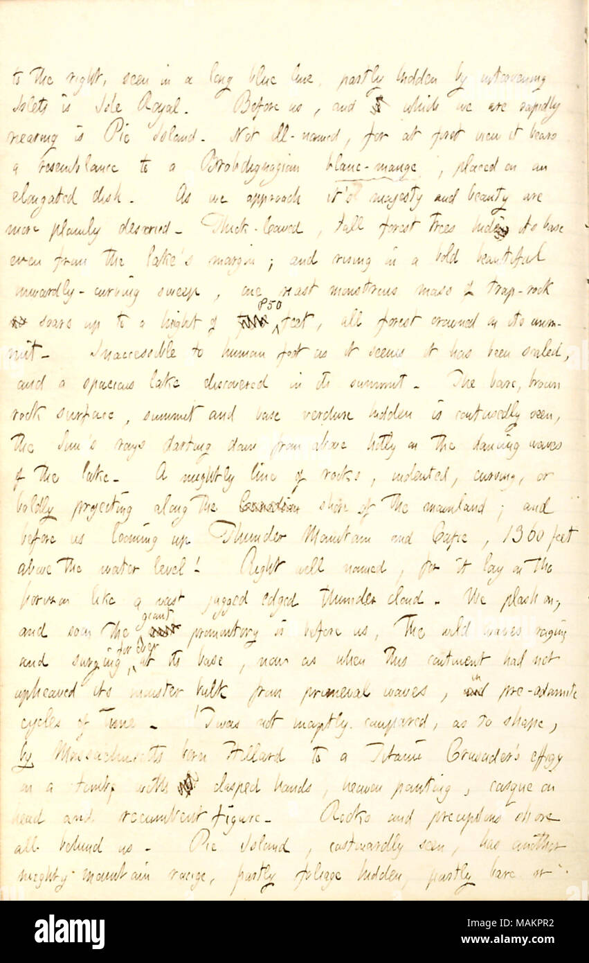 Descrive la vela passato le isole sul lago Superiore in piroscafo, Sam Ward. Trascrizione: a destra, visto in una lunga linea blu, parzialmente nascosti intervenendo isolette è Isle Royale. Prima di noi e t che ci stiamo rapidamente avvicinando è isola di torta. Non malato-denominato, per a prima vista esso reca una somiglianza con un Brobdignagian blanc-rogna sarcoptica, posto su un piatto di forma allungata. Come ci si avvicina ?s maestà e bellezza sono più chiaramente descritti. Thick-lasciava, alti alberi forestali nascondendo la sua base anche dal lago ?s margine; e in aumento in un audace bella onwardly-sweep di curvatura, una vasta massa mostruosa di trap-rock in modo Foto Stock