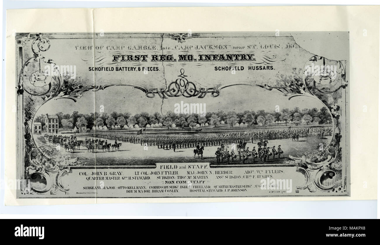 Ritratto a figura intera di sei Unione ufficiali in uniforme con una bandiera di grandi dimensioni in background. '13 Col. Elmer Ellsworth 2a da sinistra" (scritta sul lato inverso). Titolo: Elmer Ellsworth, Il colonnello, con gli ufficiali non identificato (unione). . Tra circa 1861 e circa 1865. Foto Stock