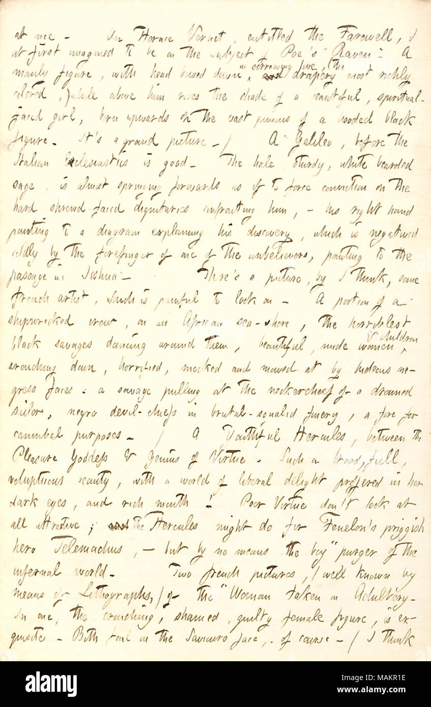 Descrive una visita al Crystal Palace di New York a guardare opere d'arte. Trascrizione: alla volta. Un Horace Vernet, intitolato L'Addio, io in primo luogo immaginato per essere sul tema del [Edgar Allan Poe] ?s ?ǣRaven. ? Una figura virile, con la testa piegata verso il basso in amore sofferente, (l'e drappeggi più riccamente colorati,), mentre al di sopra di lui sorge l'ombra di una bella, spirituale di fronte-girl, nato verso l'alto sul vasto pignoni di un nero con cappuccio figura. Si ?s un grand'immagine.) a Galileo, davanti all'Italiano ecclesiastici è buono. La hale, robusto con barba bianca salvia, è quasi il molleggio in avanti come se a forza con Foto Stock