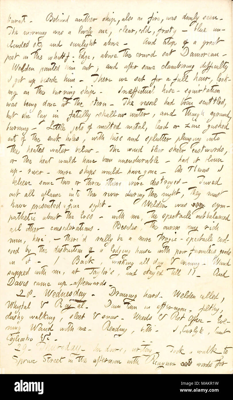 Per quanto riguarda un incendio che distrusse la nave grande repubblica. Trascrizione: bruciato. Dietro un'altra nave, anche sul fuoco, è stata scarsamente visibile. La mattina era una bella uno, chiaro, freddo gelido ? Non offuscato blu cielo e la luce del sole di cui sopra. E sulla cima di una grande parte del wharf-edge, sopra la folla sedeva [Charles] Damoreau. [Charles] Welden sottolineato lui fuori; e dopo alcune difficoltà clambering mi sono svegliato accanto a lui. Ci sedemmo per un'ora intera, cerca su ardente nave [la grande repubblica]. Tubo flessibile di inefficace-squirtation veniva fatto a poppa. La nave era stata affondata, ma giaceva in fatalmente wa poco profonda Foto Stock