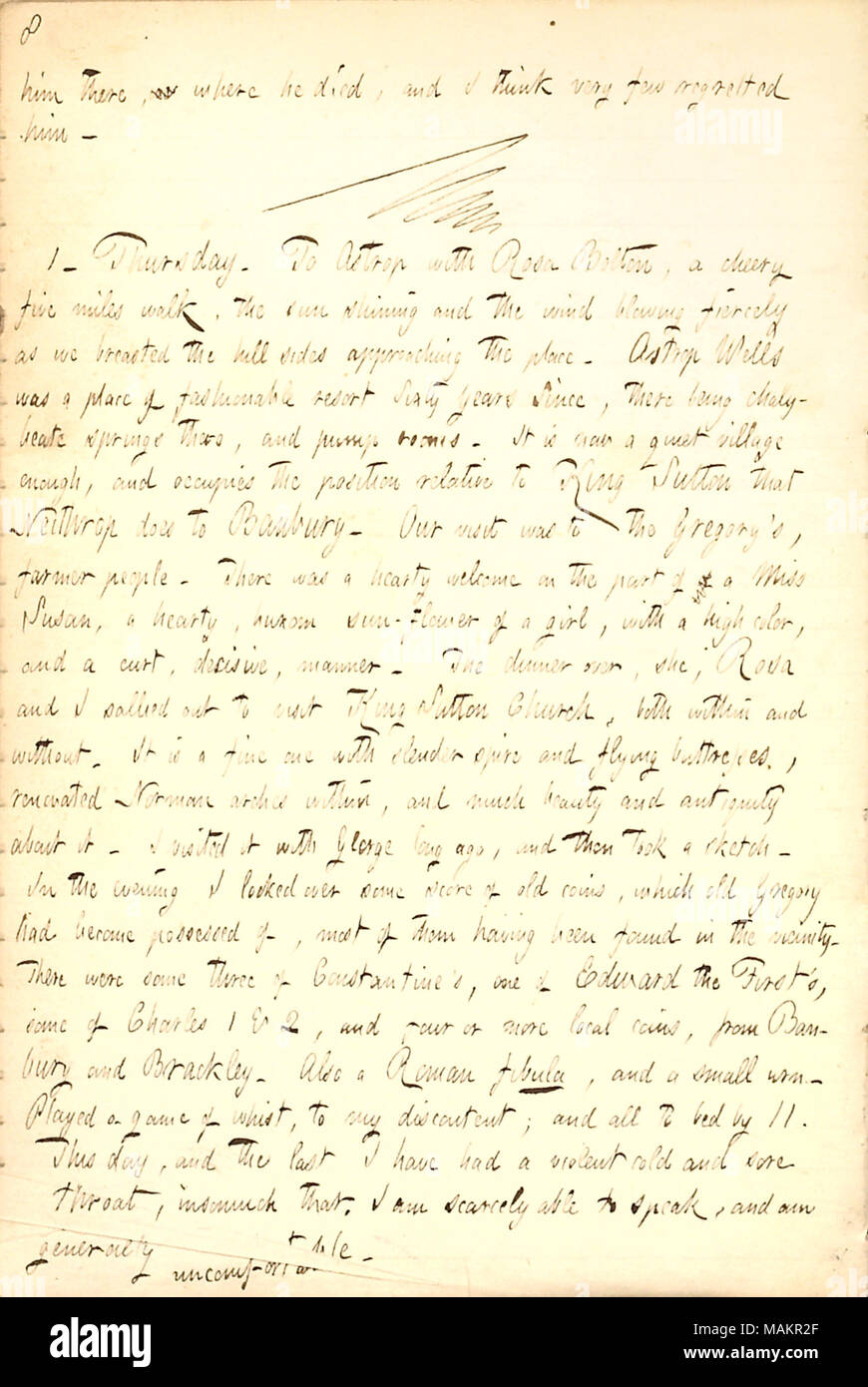 Descrive una passeggiata con Rosa Bolton per visitare la famiglia Gregorio. Trascrizione: lui [Thomas Gunn] ci, dove morì, e penso che molto pochi deplorato lui. / 1. Giovedì. Per Astrop con Rosa Bolton, un allegro cinque miglia a piedi, il sole splende e il vento che soffia ferocemente come noi sono addossati i versanti collinari avvicinando il luogo. Astrop pozzetti è stata un luogo alla moda di resort di sessanta anni poiché, essendo chalybeate springs ci e le camere della pompa. Ora è un tranquillo villaggio abbastanza, e occupa la posizione relativa al re Sutton che Neithrop non a Banbury. La nostra visita è stata la Gregorio ?s, agricoltore pe Foto Stock