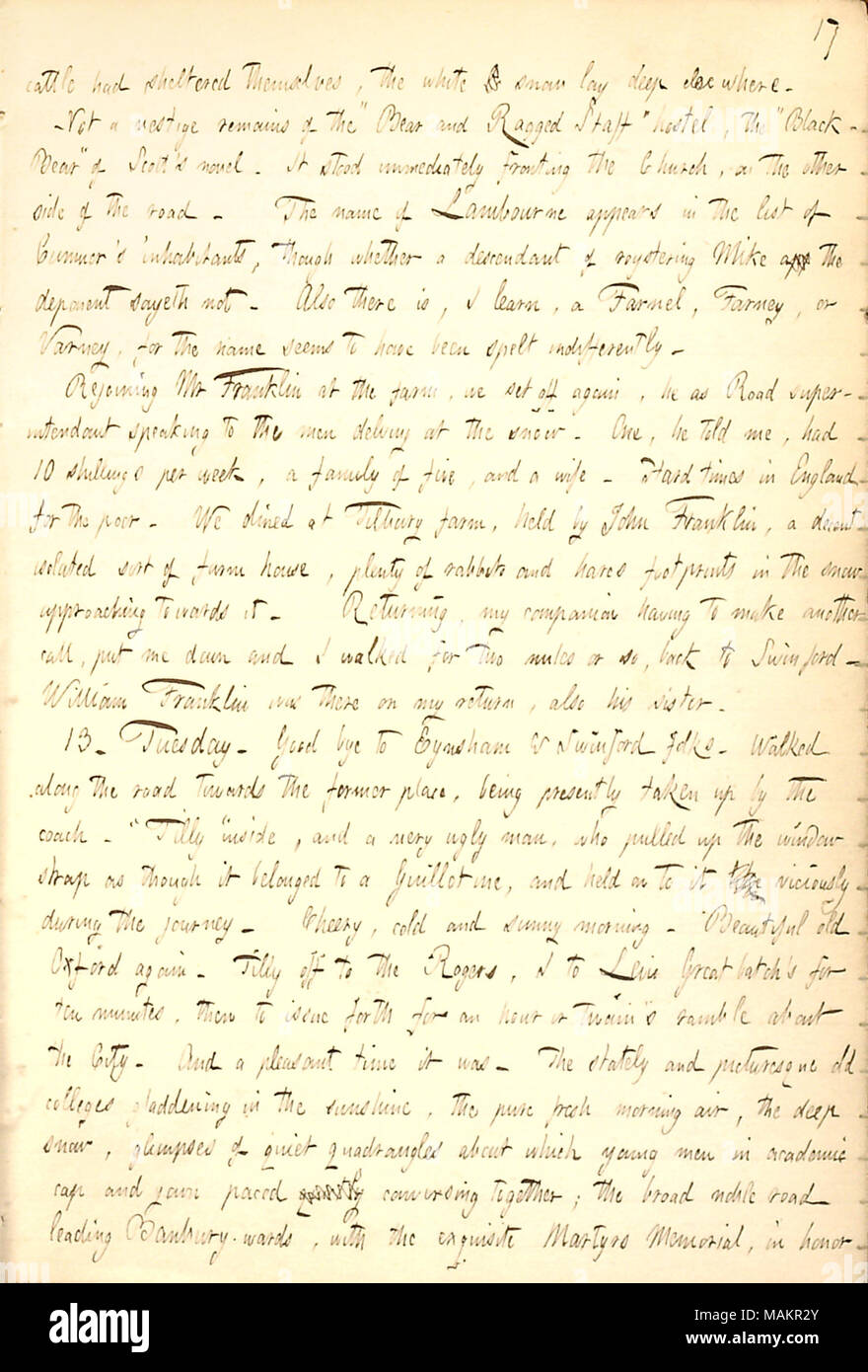 Descrive il suo viaggio con la diligenza a Oxford e la sua passeggiata intorno al college di edifici. La trascrizione: bovini erano al riparo se stessi, il bianco della neve profonda laici altrove. Non un vestigio resti del ?ǣBear e frastagliato personale ? Hostel, il ?ǣBlack sopportare ? Di [Walter] Scott ?s romanzo. Essa si fermò immediatamente di fronte alla Chiesa, sull'altro lato della strada. Il nome di Lambourne viene visualizzato nell'elenco di Cumnor ?s abitanti, pur se un discendente di roystering Mike app il deponente sayeth non. Vi è inoltre, IMPARO, un Farnel, Farney o Varney, per il nome sembra essere stata indiffer farro Foto Stock