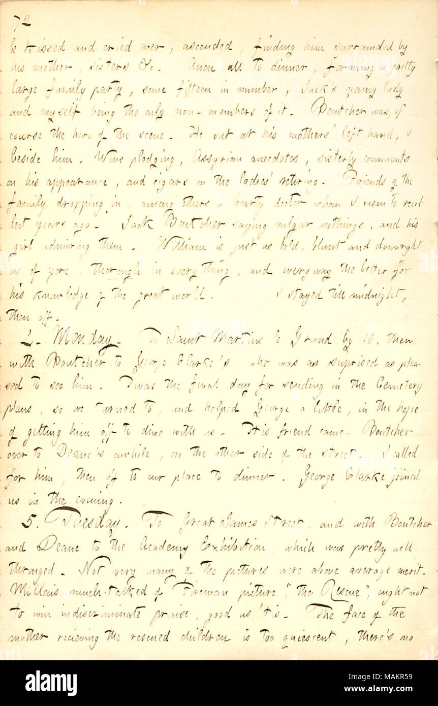 Descrive una cena di benvenuto William Boutcher torna a Londra. Trascrizione: essere baciato e pianto su, salito, trovare lui [William Boutcher] circondato da sua madre, sorelle &c. Anon tutti a cena, formando un abbastanza grande festa di famiglia, alcuni in numero di quindici, Jack [Boutcher]'s signorina e io stesso essendo l'unico non-membri di essa. Boutcher era naturalmente il protagonista della scena. Egli sedette a sua madre mano sinistra, ho accanto a lui. Costituzione in pegno di vino, assiro aneddoti, sisterly commenti sul suo aspetto e sigari su ladies' in pensione. Amici di famiglia in caduta, tra gli altri a lui Foto Stock