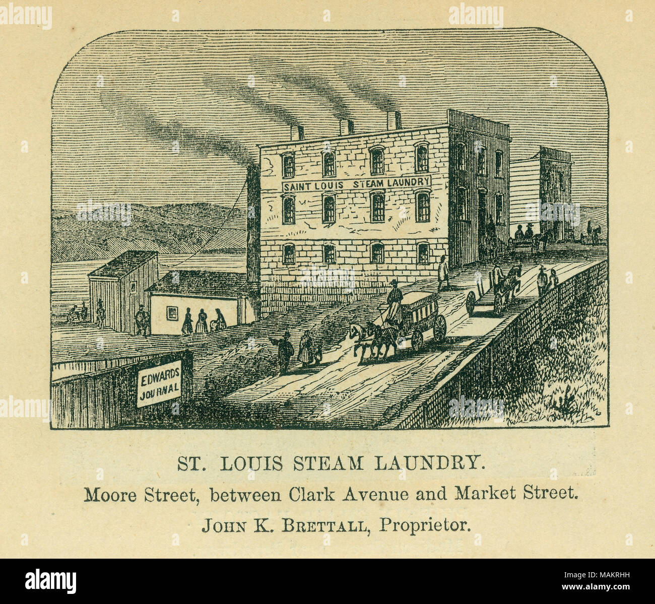Da: Edwards, Richard e M. Hopewell. Edwards il Grande Ovest e la sua metropoli commerciale, abbracciando una vista generale del West e una storia completa di St. Louis. Louis: l'Ufficio di Edwards's mensile, un ufficiale di corso, 1860. Titolo: 'St. Louis lavanderia a vapore. Moore Street, tra Clark Avenue e Market Street. John K. Brettall, titolare." . 1860. Foto Stock