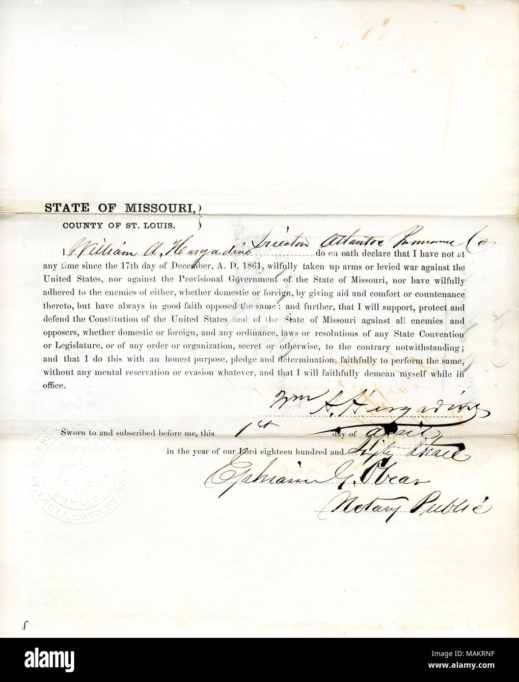Giura di giuramento di fedeltà al Governo degli Stati Uniti e dello Stato del Missouri. Titolo: il giuramento di fedeltà di William A. Hargadine del Missouri, nella contea di San Luigi . 1 aprile 1863. Hargadine, W.A. Foto Stock