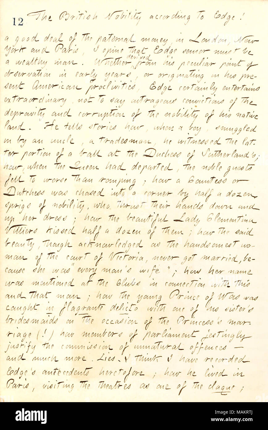 Descrive Federico Edge storie circa la nobiltà britannica. Titolo: Thomas Butler diari Gunn: Volume 19, pagina 19, Marzo 7, 1862 . Il 7 marzo 1862. Gunn, Thomas Butler, 1826-1903 Foto Stock