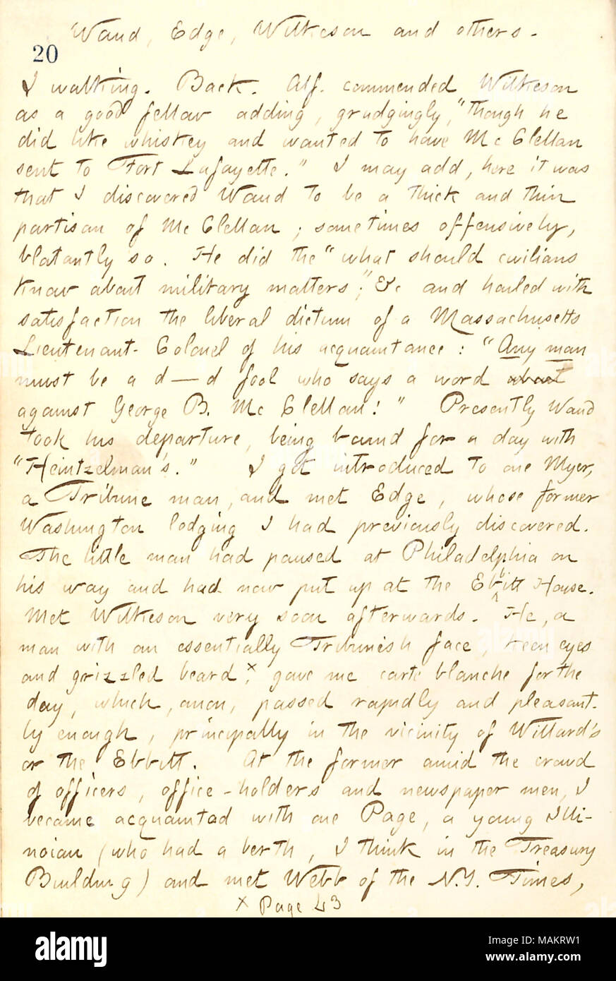 Descrive il suo primo giorno a Washington. Titolo: Thomas Butler diari Gunn: Volume 19, pagina 28, 9 marzo 1862 . 9 marzo 1862. Gunn, Thomas Butler, 1826-1903 Foto Stock