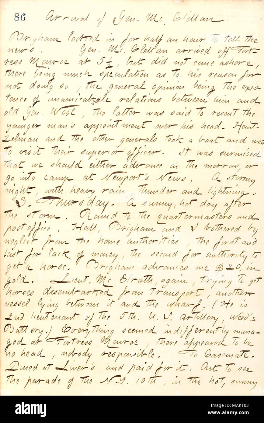 Per quanto riguarda l'arrivo del generale McClellan a Fortezza Monroe. Titolo: Thomas Butler diari Gunn: Volume 19, pagina 100, 2 aprile 1862 . Il 2 aprile 1862. Gunn, Thomas Butler, 1826-1903 Foto Stock