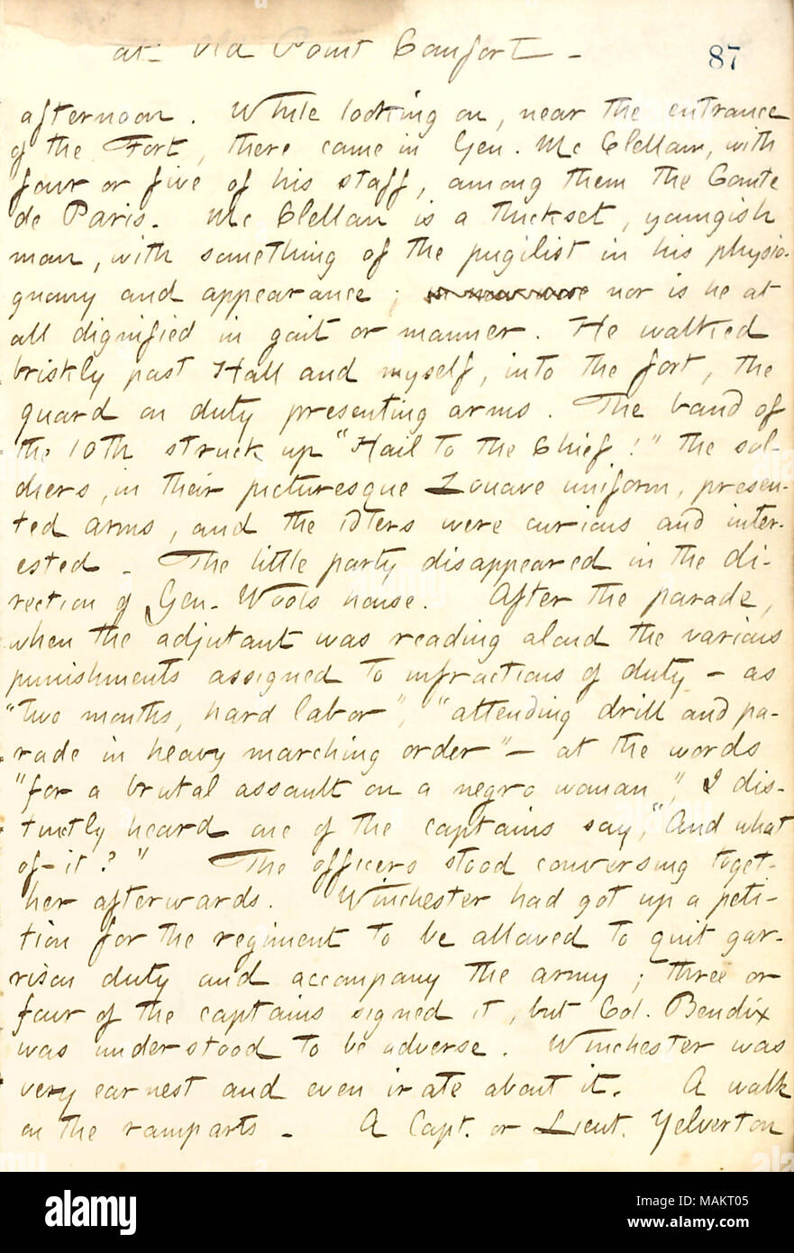 Descrive generale McClellan. Titolo: Thomas Butler diari Gunn: Volume 19, pagina 101, 3 aprile 1862 . Il 3 aprile 1862. Gunn, Thomas Butler, 1826-1903 Foto Stock