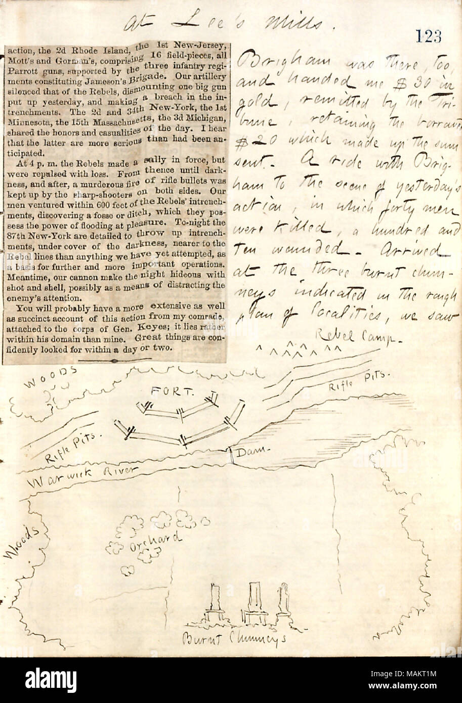 Include mappa bozzetto di Gunn del campo di battaglia di Yorktown. Titolo: Thomas Butler diari Gunn: Volume 19, pagina 138, 17 aprile 1862 . Il 17 aprile 1862. Gunn, Thomas Butler, 1826-1903 Foto Stock