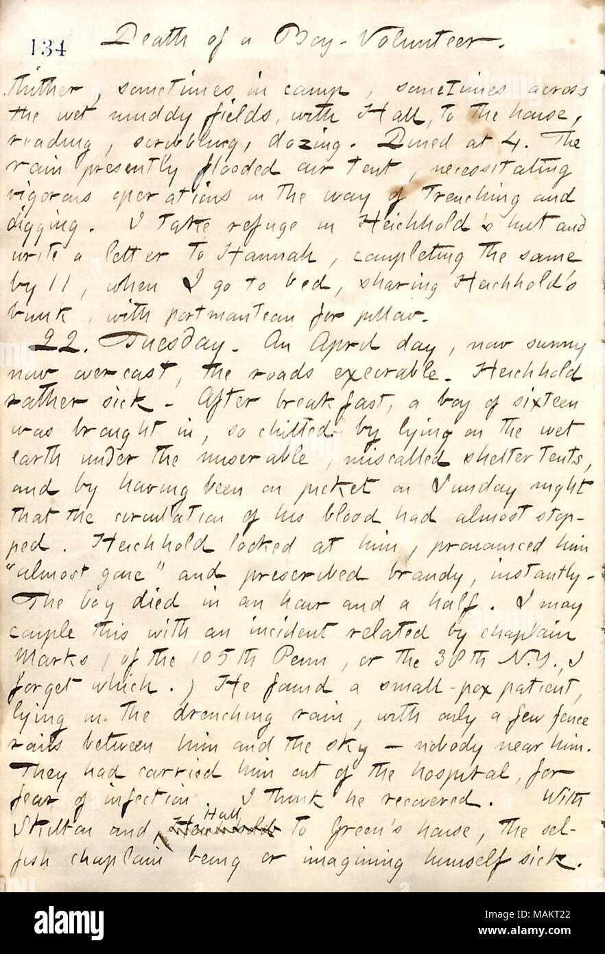 Per quanto riguarda la morte di un sedici-anno-vecchio soldato da pioggia e freddo. Titolo: Thomas Butler diari Gunn: Volume 19, pagina 149, 21 aprile 1862 . Il 21 aprile 1862. Gunn, Thomas Butler, 1826-1903 Foto Stock