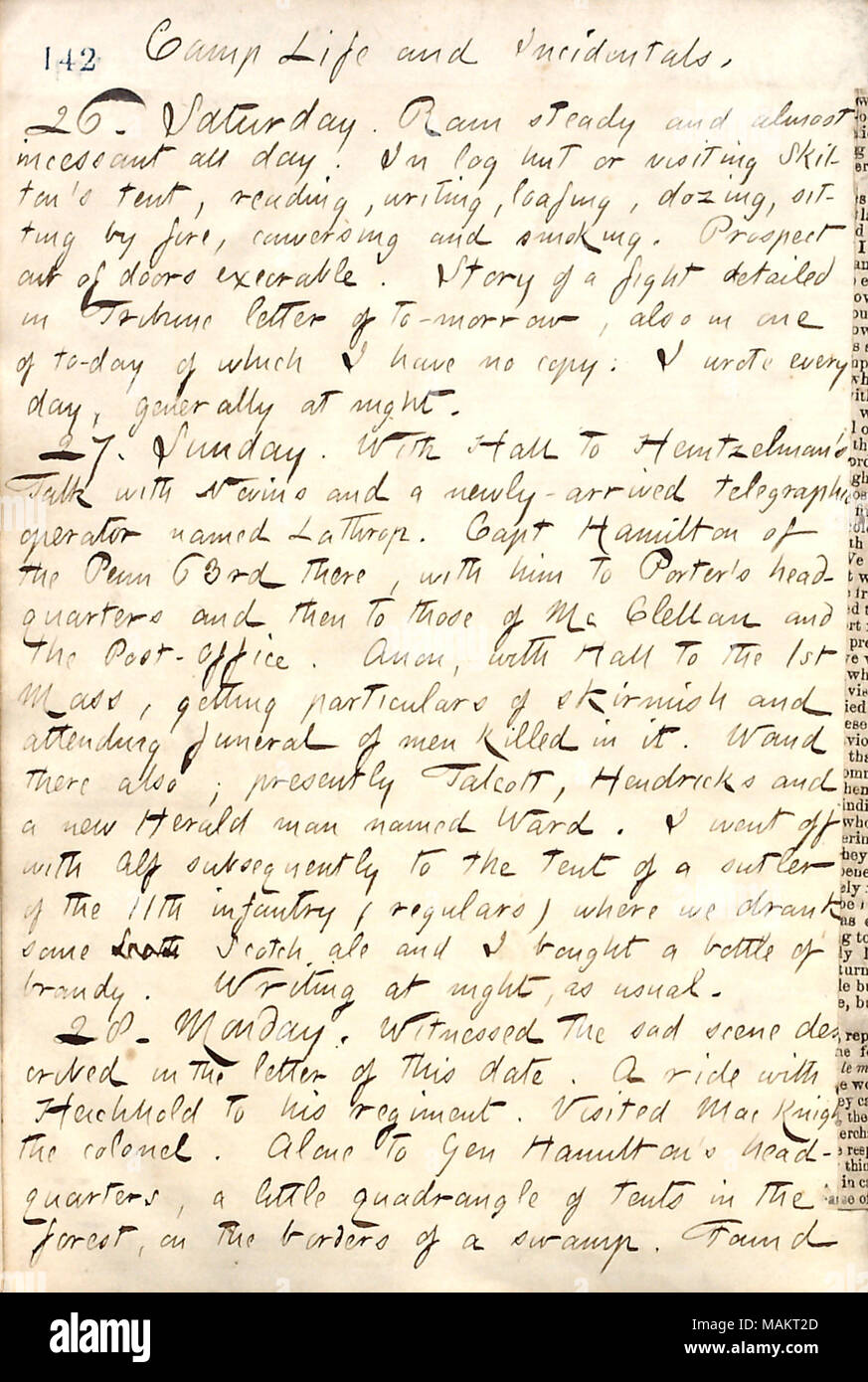 Per quanto riguarda accampamento militare la vita a Yorktown. Titolo: Thomas Butler diari Gunn: Volume 19, pagina 157, 26 aprile 1862 . Il 26 aprile 1862. Gunn, Thomas Butler, 1826-1903 Foto Stock
