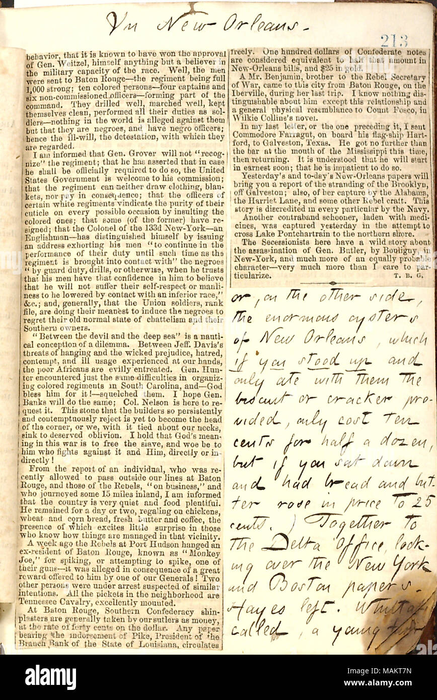 Ritaglio di giornale scritto da Gunn per il New York Tribune, in materia di pregiudizio contro le truppe colorati in Louisiana. Titolo: Thomas Butler diari Gunn: Volume 21, pagina 231, 8 febbraio 1863 [ritaglio di giornale] . 8 febbraio 1863. Gunn, Thomas Butler, 1826-1903 Foto Stock