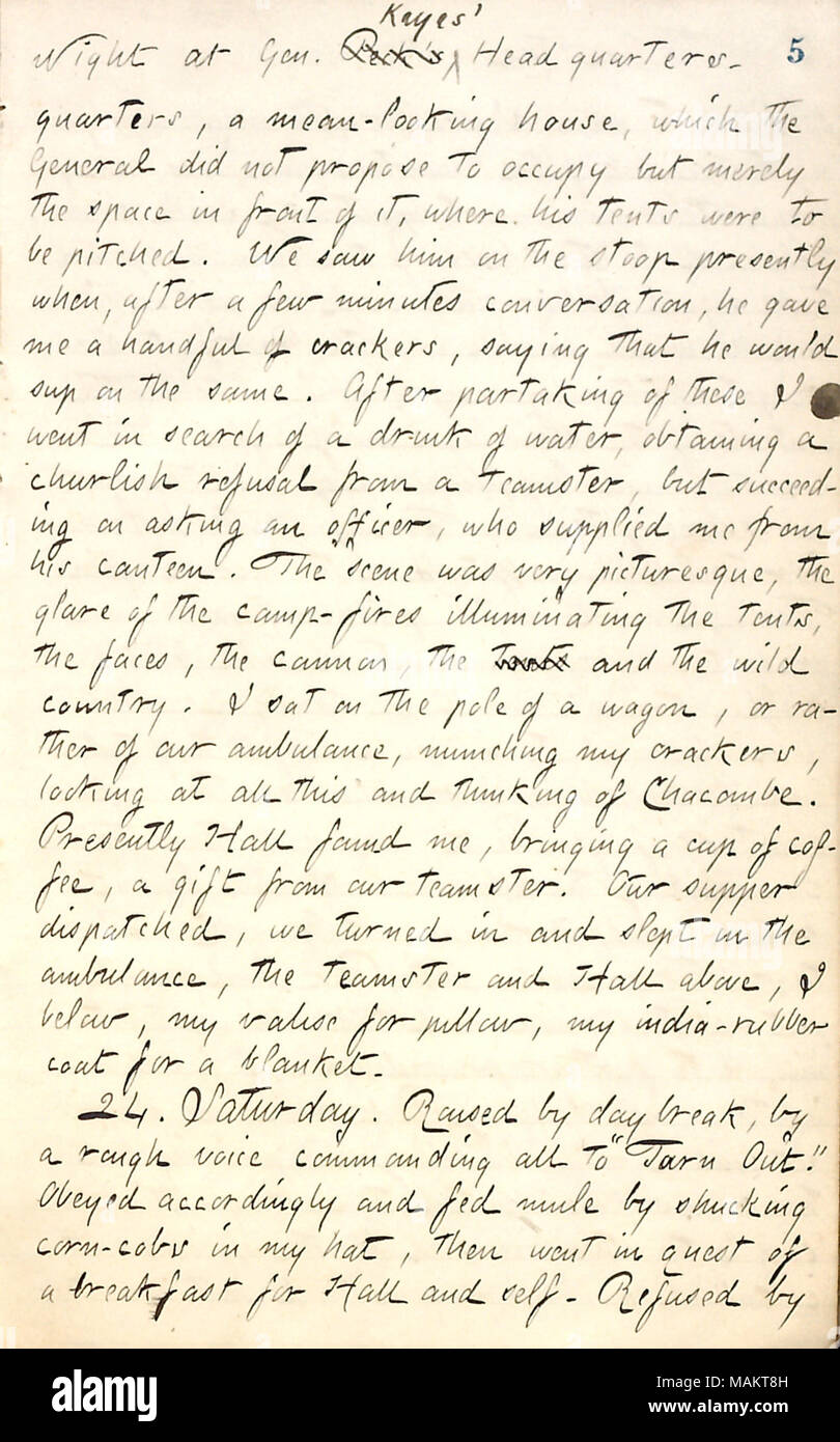 Per quanto riguarda il suo arrivo presso la sede del generale Keyes. Titolo: Thomas Butler diari Gunn: Volume 20, pagina 9, 23 maggio 1862 . 23 maggio 1862. Gunn, Thomas Butler, 1826-1903 Foto Stock