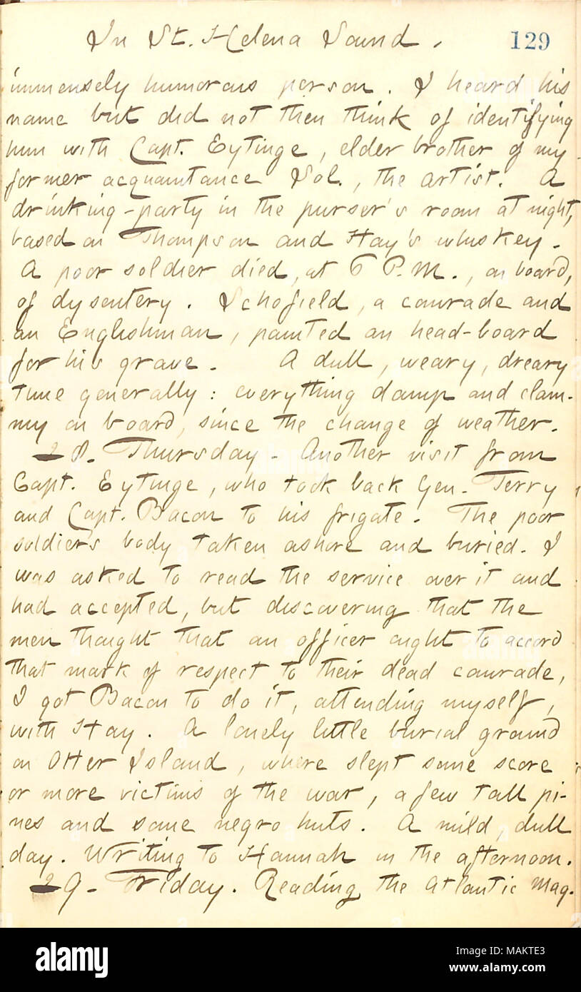 Per quanto riguarda le visite dal capitano Eytinge e la morte di un soldato da dissenteria. Titolo: Thomas Butler diari Gunn: Volume 20, pagina 142, Agosto 27, 1862 . Il 27 agosto 1862. Gunn, Thomas Butler, 1826-1903 Foto Stock