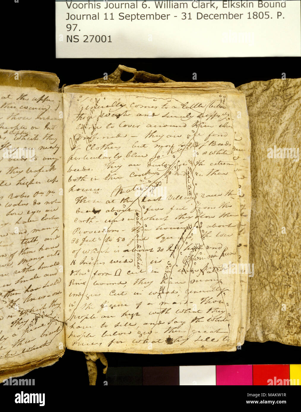 "Generalmente proviene da un po' al di sotto dei loro rifiuti. . .' Include disegno di 'Sforma di una capanna porta." Titolo: Clark Family collection: Volume 6. Elkskin ufficiale, pagina 97, 1 novembre 1805 . 1 novembre 1805. Clark, William, 1770-1838 Foto Stock