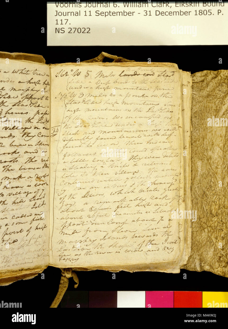 'S. 62 W. 5 miglia (lardo lato) ad un punto Stard. Lato una profonda piega. . ." Titolo: Clark Family collection: Volume 6. Elkskin ufficiale, pagina 117, 7 novembre 1805 . Il 7 novembre 1805. Clark, William, 1770-1838 Foto Stock