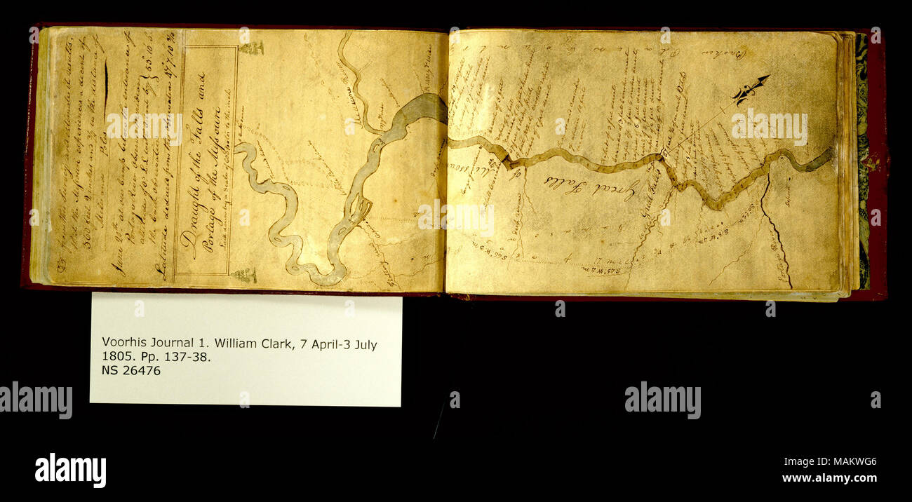 'Draught delle cascate e Portage del Missouri [mappa]. . ." Comprende il disegno completo di 'cade e Portage del fiume Missouri." Titolo: Clark Family collection: Volume 1. Voorhis Gazzetta n. 1, pagine 137-138, Luglio 2, 1805 . 2 luglio 1805. Clark, William, 1770-1838 Foto Stock