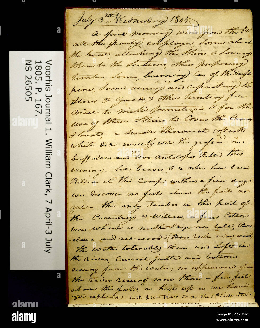 'A fine mattina il vento di S.W. tutti i party employd. . ." Titolo: Clark Family collection: Volume 1. Voorhis Gazzetta n. 1, pagina 167, 3 luglio 1805 . Il 3 luglio 1805. Clark, William, 1770-1838 Foto Stock