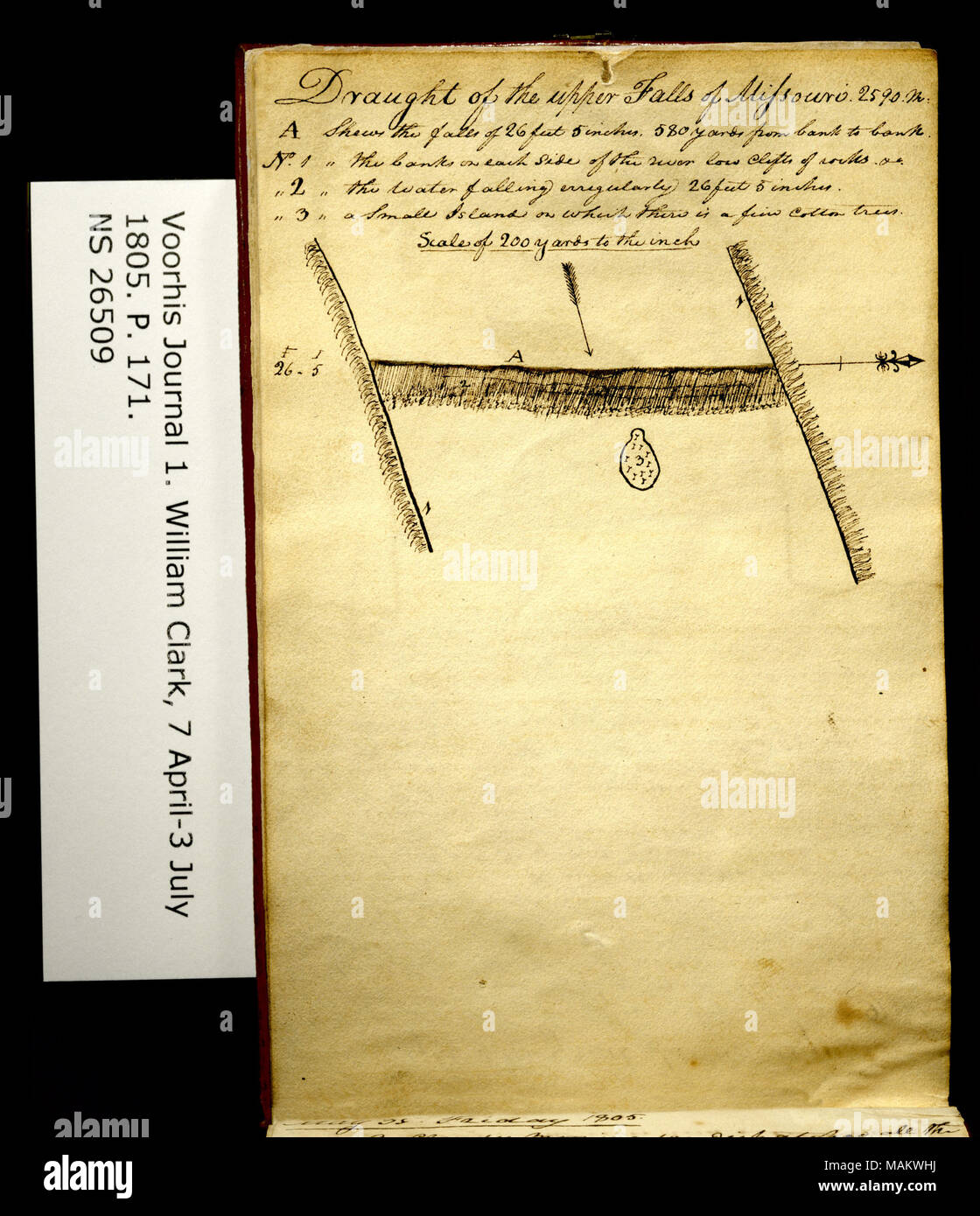 'Draught della Upper Falls of Missouri [fiume mappa]. . .' Include disegno di "Upper Falls" [presente Black Eagle Falls] del fiume Missouri." Titolo: Clark Family collection: Volume 1. Voorhis Gazzetta n. 1, pagina 171, pari a circa il 3 luglio 1805 . Il 3 luglio 1805. Clark, William, 1770-1838 Foto Stock