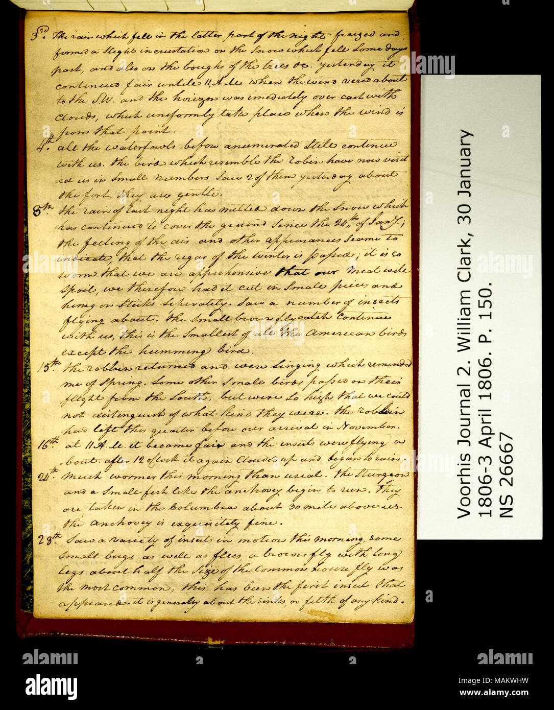 '3rd. Poi la pioggia che sento in quest'ultima parte della notte. . .' Meteo diario di febbraio 1806 ha continuato. Titolo: Clark Family collection: Volume 2. Voorhis Gazzetta n. 2, pagina 150, circa 1 marzo 1806 . 1 marzo 1806. Clark, William, 1770-1838 Foto Stock