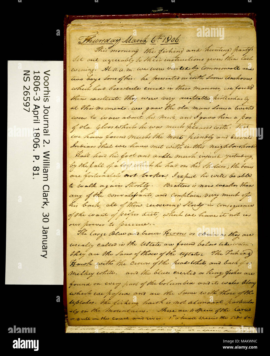 "Questa mattina, la pesca e la caccia del partito enunciate piacevolmente alle loro istruzioni. . ." Titolo: Clark Family collection: Volume 2. Voorhis Gazzetta n. 2, pagina 81, 6 marzo 1806 . 6 marzo 1806. Clark, William, 1770-1838 Foto Stock