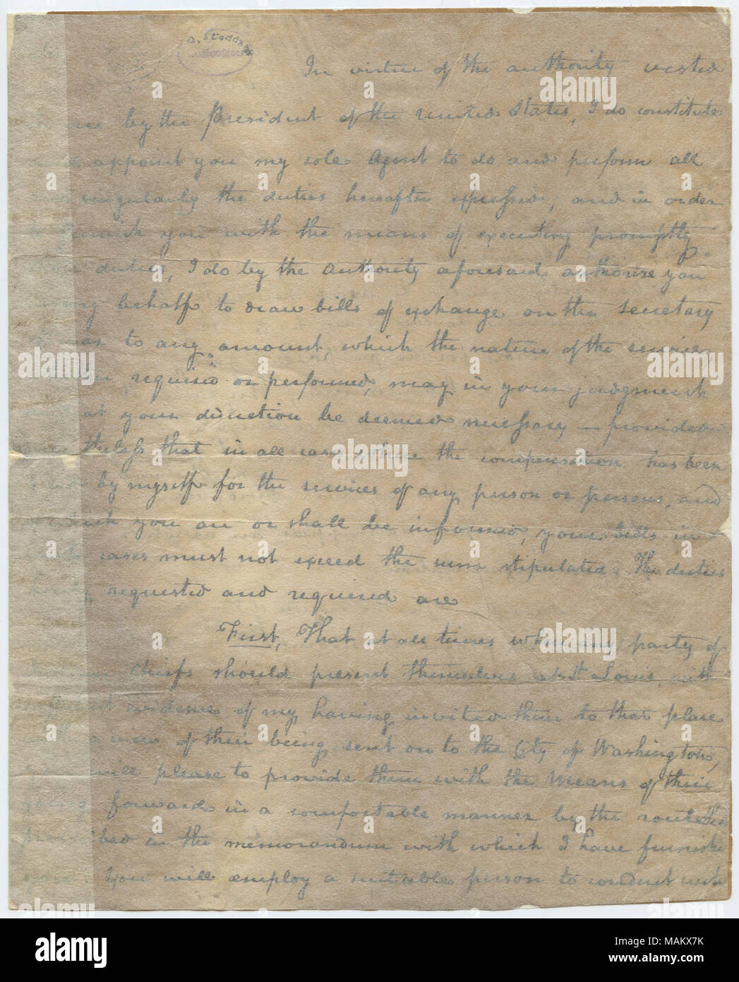Nomina Stoddard come suo agente in St. Louis per eseguire un elenco di funzioni, tra cui assistere Native American capi nelle loro journies a Washington quando invitati da Lewis, fornendo guide e interpreti; pagando il francese si impegna che accompagnerà Lewis su visite alla Mandans; e inoltro di posta a Lewis quando arriva. Se Stoddard è assente, Charles Gratiot è nominato per adempiere i doveri. Titolo: lettera firmata Meriwether Lewis al capitano Amos Stoddard, St. Louis, 16 maggio 1804 . 16 maggio 1804. Lewis, Meriwether, 1774-1809 Foto Stock
