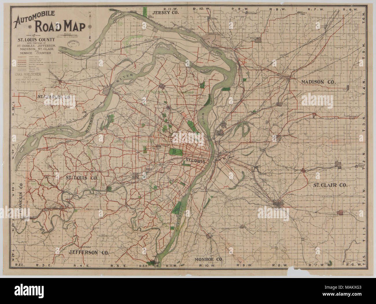 Titolo: Automobile mappa stradale di San Louis County: con porzioni di San Carlo, Jefferson, Madison, St. Clair e contee di Monroe. . 1921. Charles Hoelscher Mappe e montaggio della mappa Foto Stock