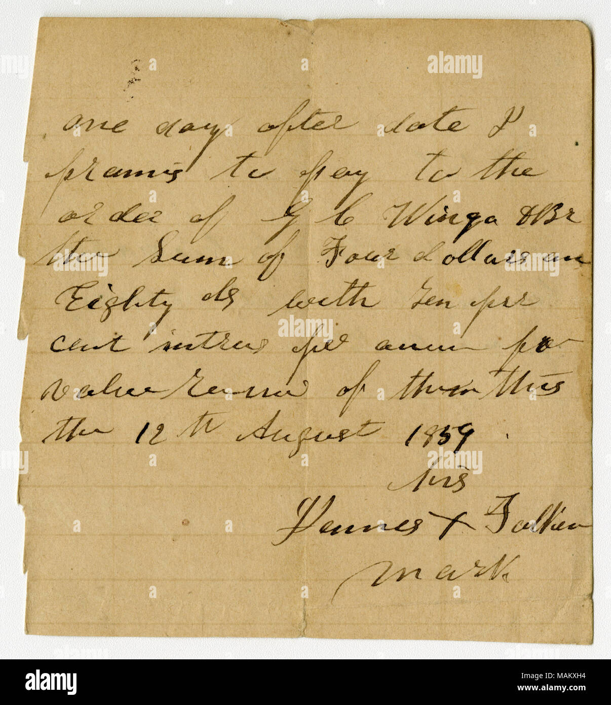 James Fuller $4.80 preso in prestito dal G.C. Wingo, interessi di 10 cambiali firmato James Fuller [il suo marchio] per G.C. Wingo, 12 agosto 1859 . Il 12 agosto 1859. Fuller, James Foto Stock