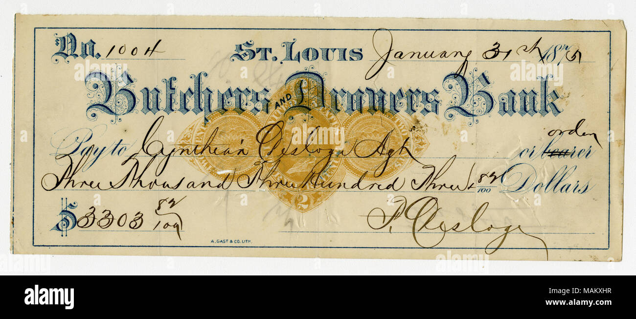 Verificare n. 1004 firmata F. Desloge nella quantità di $3,303.82, pagabile a Cynthian Desloge. Tracciata sul conto presso le macellerie e Banca Drovers, St. Louis. Titolo: Controllare firmata F. Desloge a Cynthian Desloge, Gennaio 31, 1875 . Il 31 gennaio 1875. Desloge, Firmin, Jr., 1843- Foto Stock