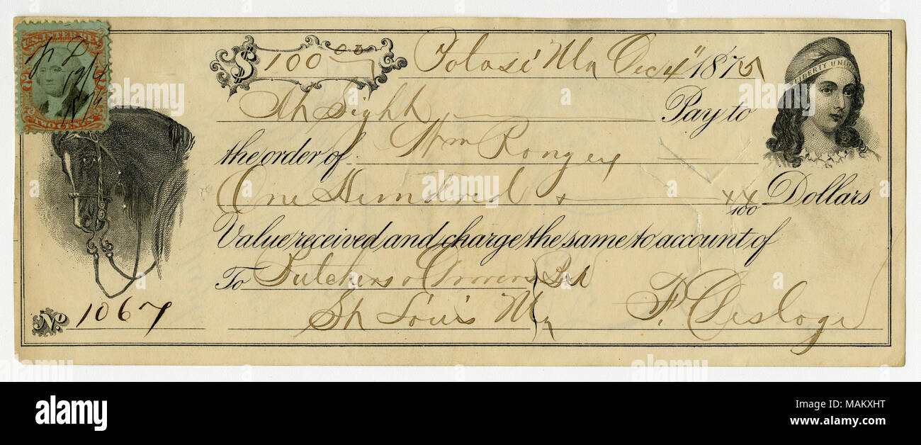 Verificare n. 1067 firmata F. Desloge, Potosi, Mo. nella quantità di $100.00, pagabile a Wm. Rongey. Tracciata sul conto presso le macellerie e Banca Drovers, St. Louis. Titolo: Controllare firmata F. Desloge a Wm. Rongey, 4 dicembre 1875 . Il 4 dicembre 1875. Desloge, Firmin, Jr., 1843- Foto Stock
