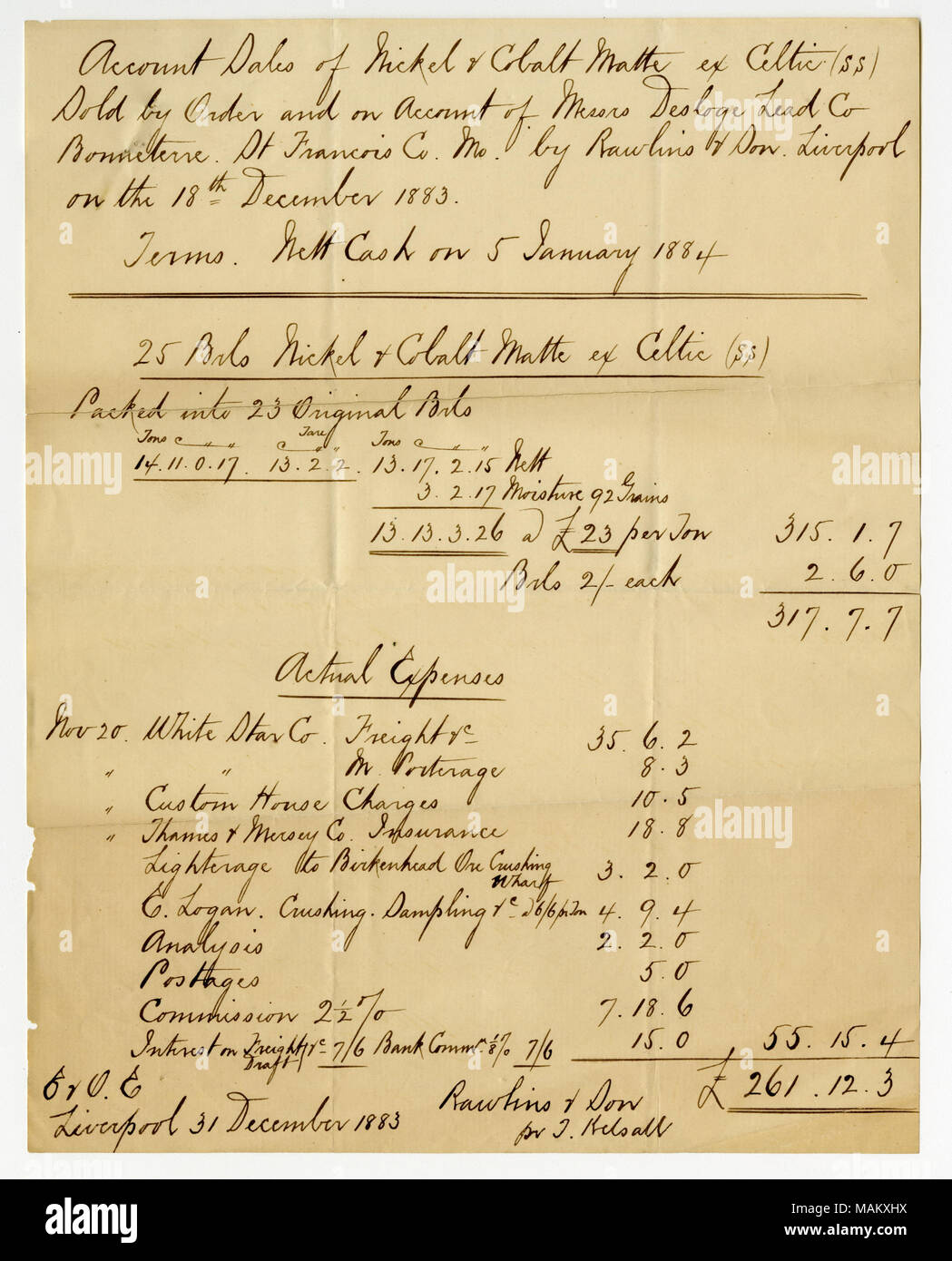 Elenca il prezzo dei materiali inviati, meno le spese di spedizione e il totale dovuto al piombo Desloge Co., 261.12.3 libbre. Titolo: il record di vendite di nichel e cobalto e Matte ex Celtic, firmato Rawlins e figlio, Liverpool, Dicembre 18, 1883 . Il 18 dicembre 1883. Rawlins & Figlio Foto Stock
