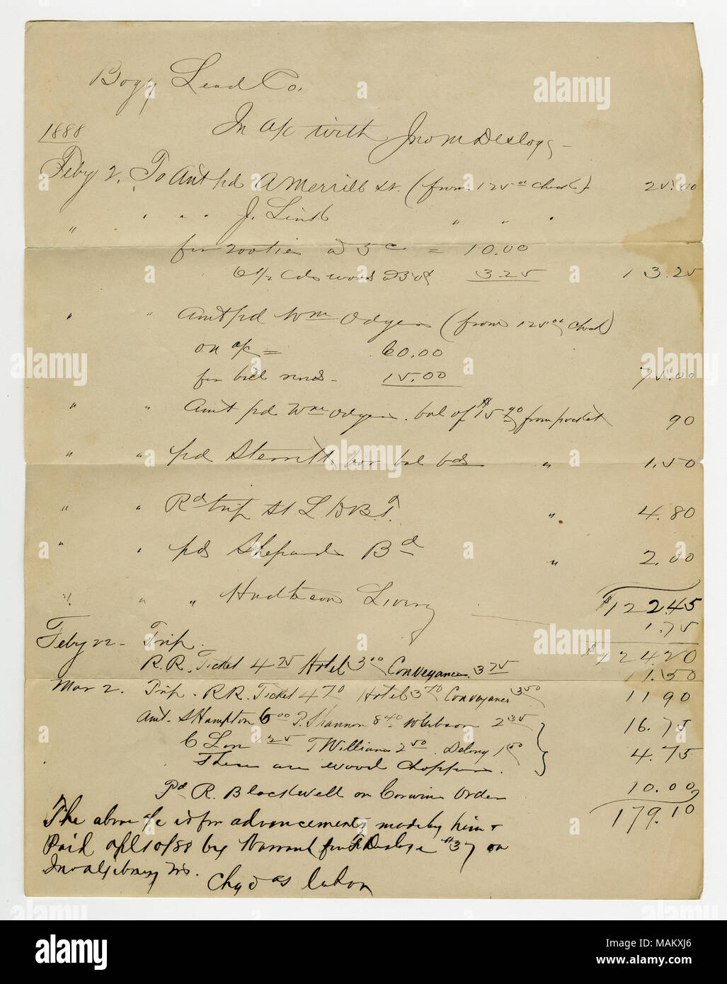 Dichiarazione da Bogy azienda capofila per un totale di $179.10, pagato da F. Desloge. La dichiarazione include un elenco dettagliato delle spese pagate in anticipo sul conto del sig. Desloge. Titolo: dichiarazione di fatturazione da piombo Bogy Co. a F. Desloge, 2 febbraio 1888 . 2 febbraio 1888. Piombo Bogy Co. Foto Stock