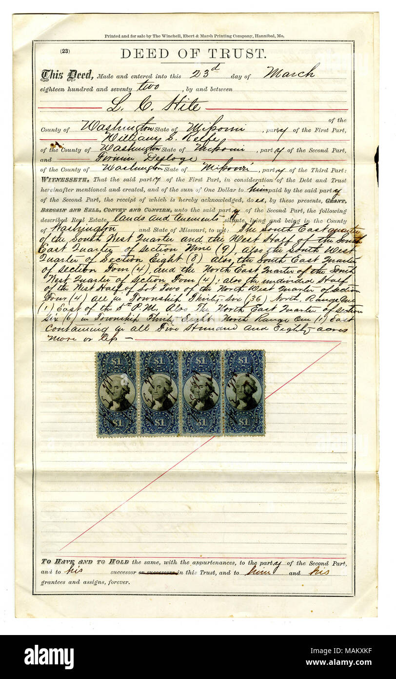 Prestito effettuato da Firmin Desloge alla L.C. (Lewis Cass) Hite nella quantità di $3,787.40, detto prestito essendo firmato su quattro distinte note, tutti datata 23 marzo 1872: $1.000 a causa del 15 aprile 1872, interesse di 10 per anno; $1.000 a causa Giugno 15, 1872, interessi di 10 l'anno. Se il rimborso non ricevuto, su una qualsiasi delle quattro note fissato da questo atto di fiducia (default) proprietà per essere venduti a Courthouse porta, Potosi, Mo. che devono essere protetti da 580 acri di terreno nella contea di Washington. Titolo: atto di fiducia firmato Lewis Cass Hite e William S. Reefe, Washington County, 23 marzo 1872 . Il 23 marzo 1872. Hite, Lewis Cass Foto Stock
