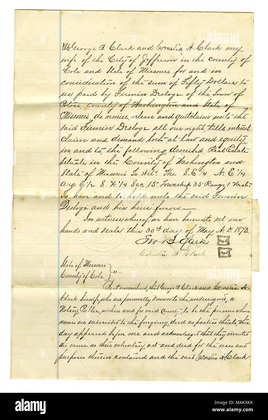 Acquisto di terreni da parte di Firmin Desloge da George B. Clark, e della moglie Cornelia A. Clark (di Jefferson City), per la somma di $50. Beni trasferiti: SE NE 1/4 e 1/4 E 1/2 SW 1.4 Sezione 15, Intervallo 1 West nella contea di Washington. Titolo: andando firmata George B. Clark e Cornelia A. Clark, Jefferson City, 30 maggio 1873 . Il 30 maggio 1873. Clark, George B. Foto Stock