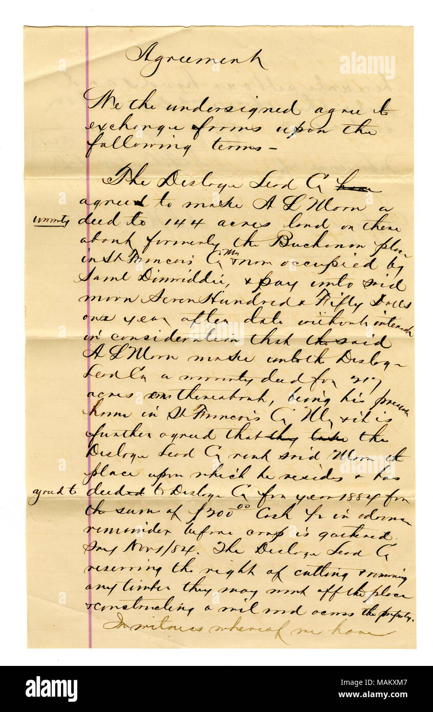 Desloge azienda capofila (F. Desloge) è il trasferimento tramite garanzia andando 144 acri di terreno (precedentemente il luogo di Buchanan) a A.L. Luna lungo con pagamento di $750 in cambio di una garanzia andando il trasferimento di 217 acri da A.L. Luna di piombo Desloge Co. A.L. Luna risiede attualmente su 217 acri di terreno. Piombo Desloge Co si riserva il diritto di tagliare il legname e la costruzione di un mulino sulla proprietà. Titolo: Accordo firmato F. Desloge, Novembre 22, 1883 . Il 22 novembre 1883. Desloge, Firmin, Jr., 1843- Foto Stock