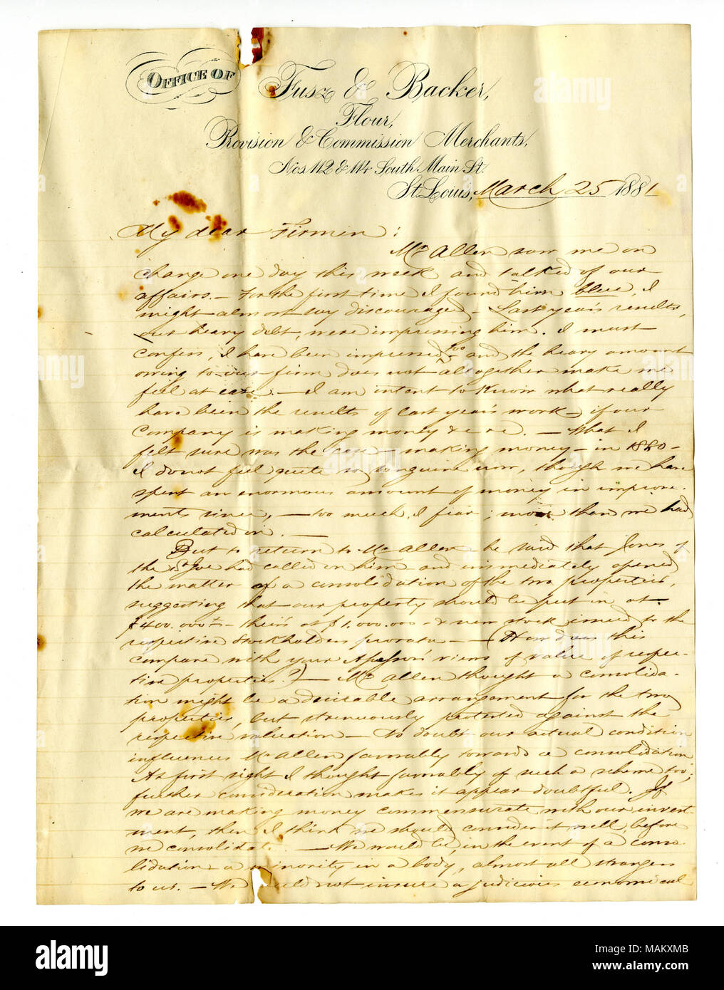 Per quanto riguarda a discutere la proposta di fusione del San Giuseppe e Desloge la mia società. Titolo: lettera firmata Louis Fusz, Fusz e Backer, la farina, la fornitura e la Commissione di mercanti, Marzo 25, 1881 . Il 25 marzo 1881. Fusz, Louis Foto Stock
