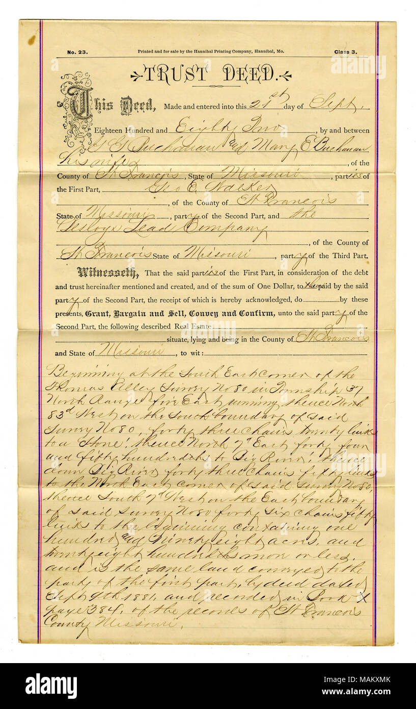 Prestito effettuato da Desloge azienda capofila di G.G. Buchanan e la moglie Maria E. Buchanan nella quantità di $1,148.75, interesse di 8 circa 143 acri in San Francois County. Titolo: fiducia andando, George E. Walker, fiduciario, firmato G.G. Buchanan, Maria E. Buchanan e George E. Walker, San Francois County, Settembre 21, 1882 . Il 21 settembre 1882. Buchanan, G.G. Foto Stock