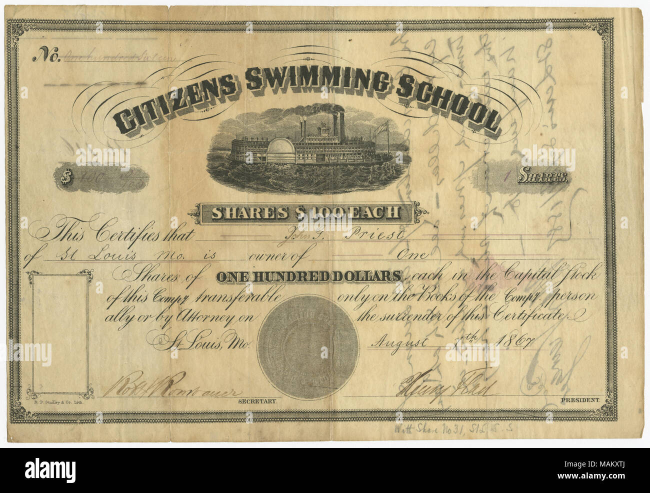 Titolo: Stock certificato per una quota del valore di $100 per John G. Sacerdote di cittadini Scuola Nuoto, St. Louis, 7 agosto 1867 . Il 7 agosto 1867. Flad, Henry, 1827-1898 Foto Stock
