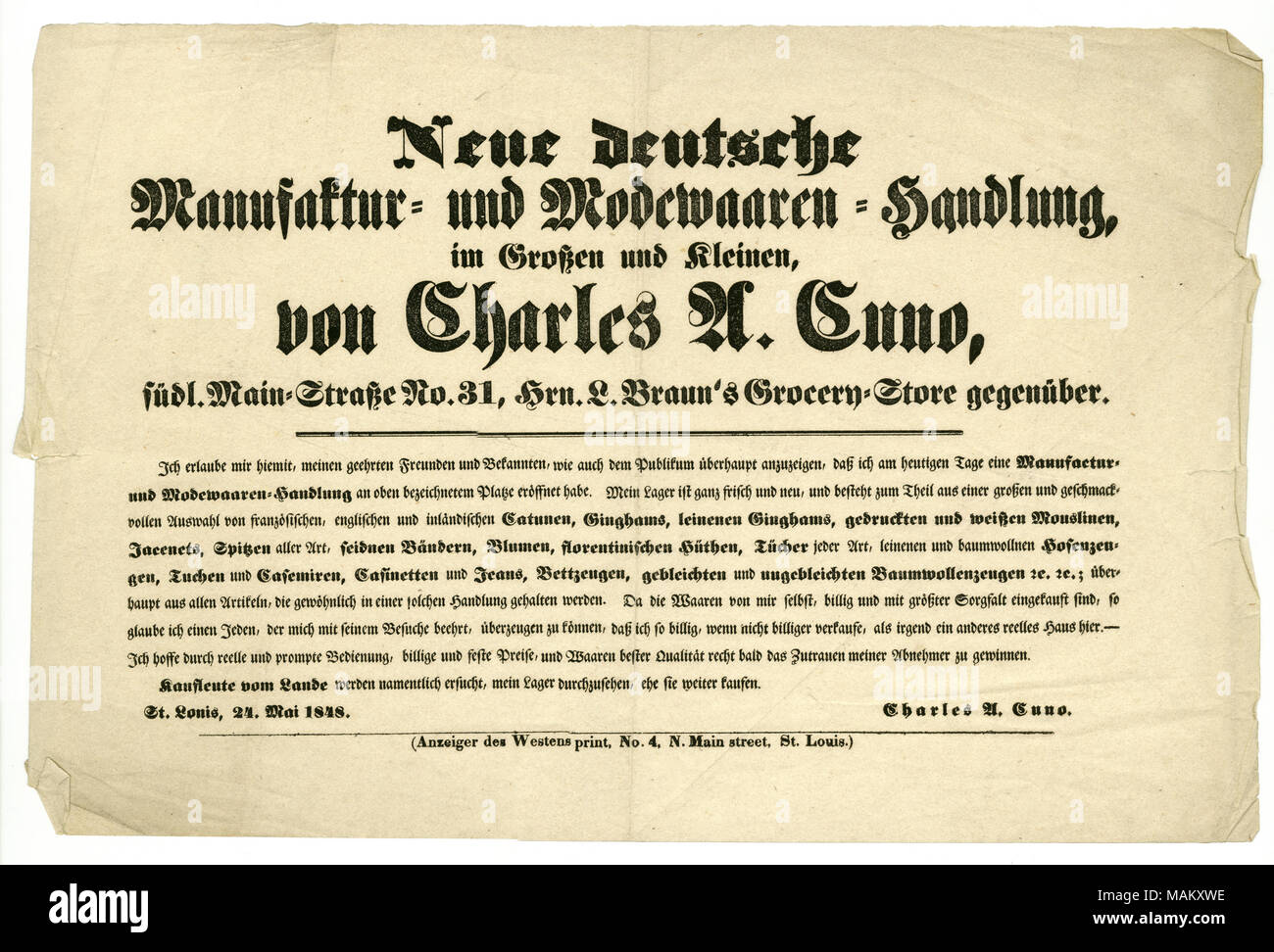 In tedesco con traduzione digitato. Titolo: avviso di apertura di merci secche store di Charles A. Cuno, 31 South Main Street, di fronte il sig. L. Braun il fruttivendolo, 24 maggio 1848 . 24 maggio 1848. Anzeiger des Westens Foto Stock