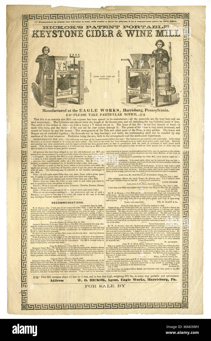 Illustrato. Include le testimonianze. Titolo: Annuncio: Hickok del brevetto Portable Keystone il sidro di mele e vino Mill, Harrisburg, Pennsylvania, 1857 . 1857. Hickok, W.O. Foto Stock
