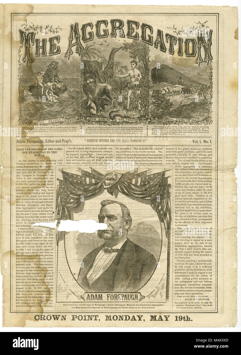 Adam Forepaugh, editor e titolare. Mostre, serraglio, e grande aggregazione equestre, il più grande museo di viaggio in tutto il mondo. Include immagine di Adam Forepaugh. Stampato da Chicago serata ufficiale Print, Dearborn San, Chicago, Ill. illustrato. Titolo: problema dell'aggregazione (Vol. 1, n. 1), la pubblicazione della Mostra Forepaugh, 19 maggio 1873 . Il 10 maggio 1873. Serata di Chicago ufficiale Foto Stock