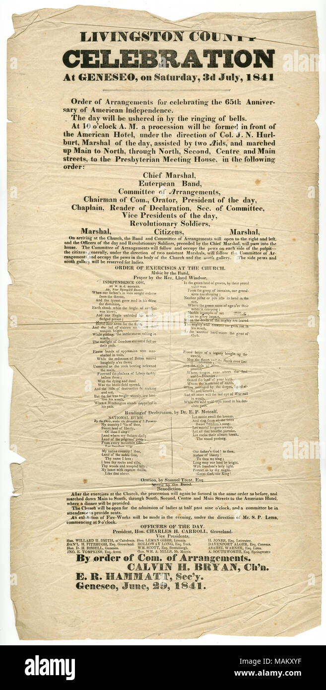 Processione e esercizi a Presbyterian meeting house, orazione di Samuel trattare, Esq. Titolo: stampato avviso di Livingston County celebrazione, 3 luglio, a Geneseo [New York] in onore del sessantacinquesimo anniversario dell indipendenza americana, 29 giugno 1841 . Il 29 giugno 1841. Bryan, Calvin H. Foto Stock