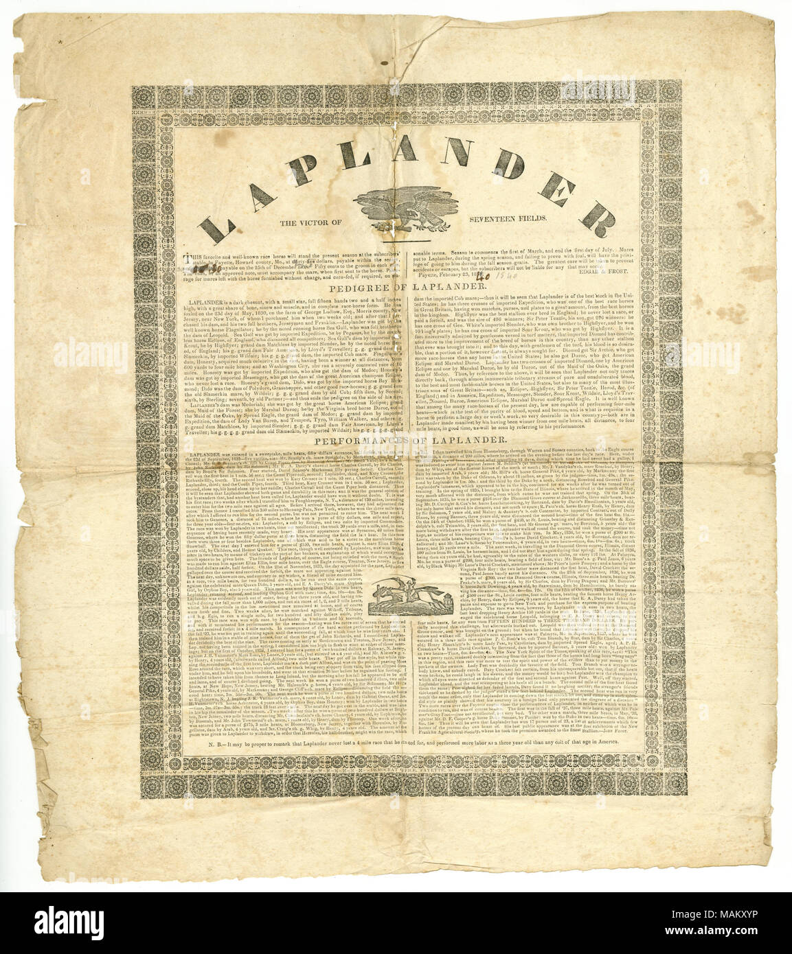 Stampati a Democrat Office, Fayette, Mo. Titolo: prigioniero poster di cavalli offrendo Laplander, febbraio 23, 1840 . Il 23 febbraio 1840. Manna di leccare democratici Foto Stock