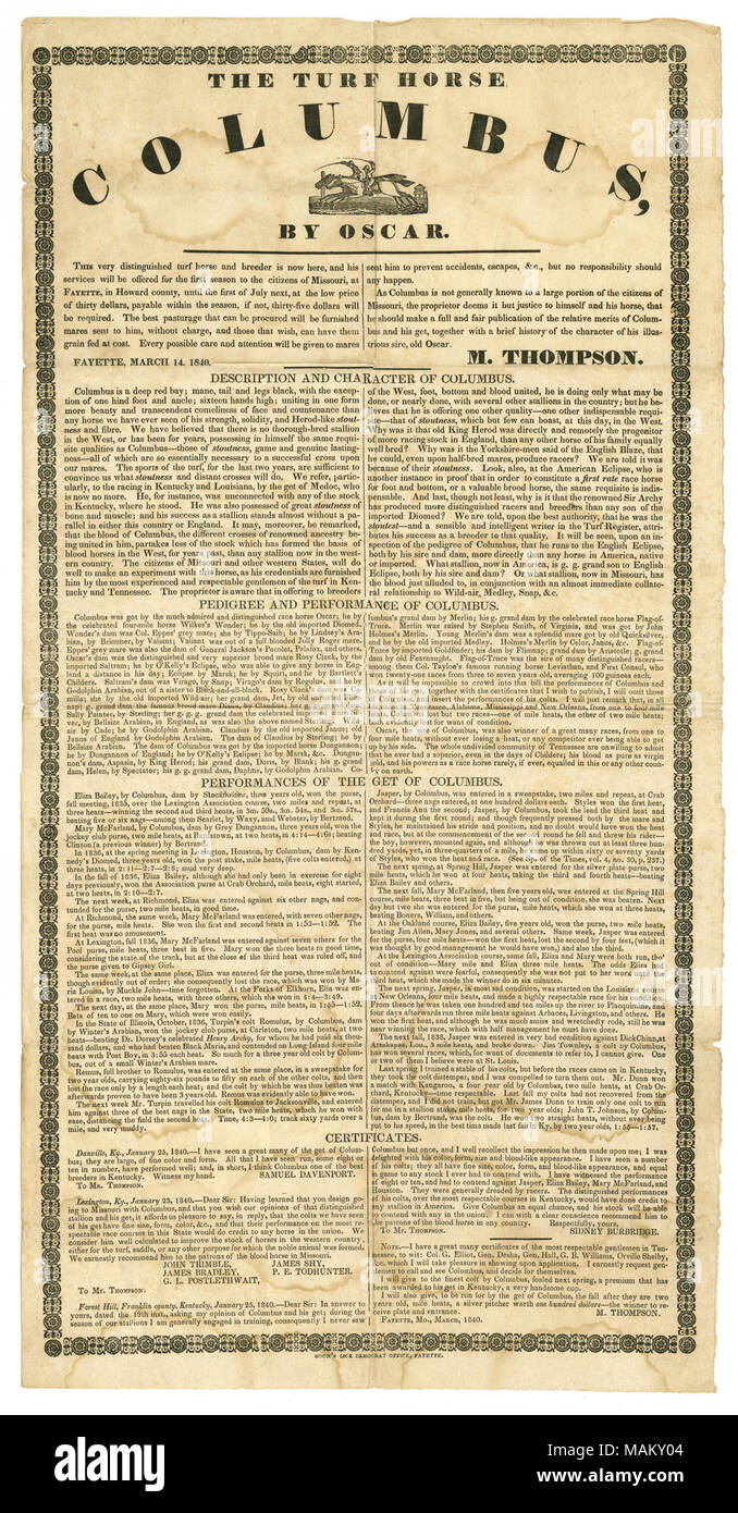 Stampato in ufficio di Boon's leccare democratici, La Fayette, Mo. Titolo: prigioniero poster di cavalli offrendo turf cavallo Columbus, La Fayette, Mo., Marzo 14, 1840 . Il 14 marzo 1840. Manna di leccare democratici Foto Stock