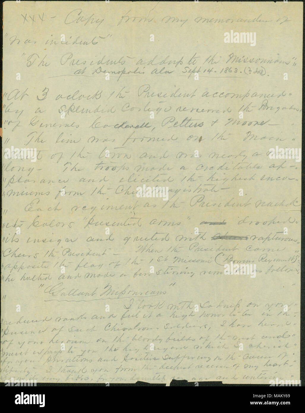 Copia di indirizzo di Jefferson Davis in Missouri truppe. Include digitata la trascrizione. Titolo: "Il Presidente al Missourians' a Demopolis, Alabama, Settembre 14, 1863 . 14 settembre 1863. Davis Jefferson, 1808-1889 Foto Stock